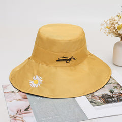 Daisy Flower Embroidery Bucket Hat Wide Brim Reversible Fisherman Cap