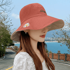 Daisy Flower Embroidery Bucket Hat Wide Brim Reversible Fisherman Cap
