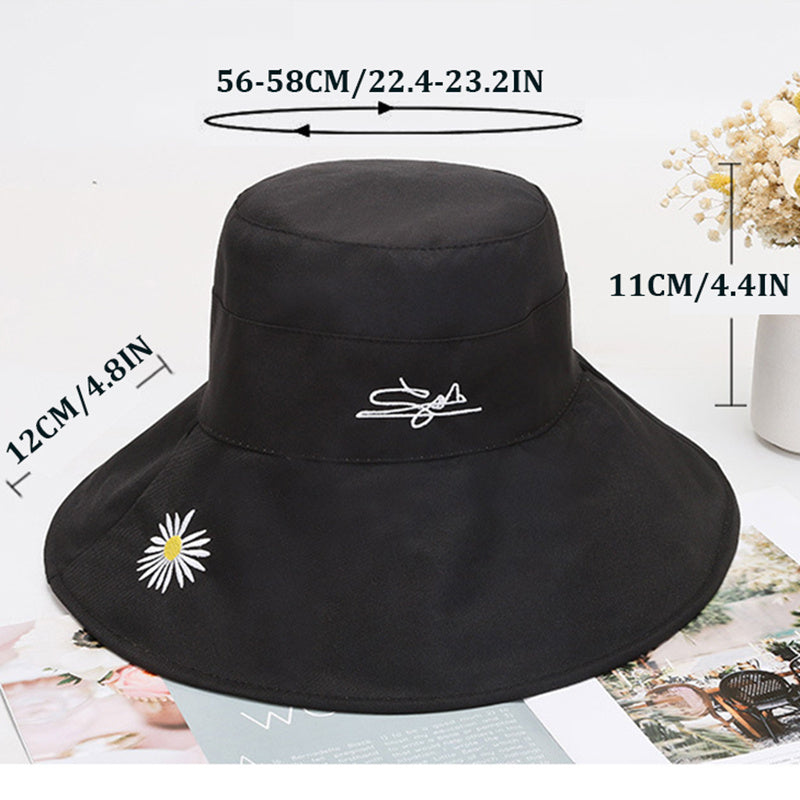 Daisy Flower Embroidery Bucket Hat Wide Brim Reversible Fisherman Cap
