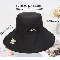 Daisy Flower Embroidery Bucket Hat Wide Brim Reversible Fisherman Cap