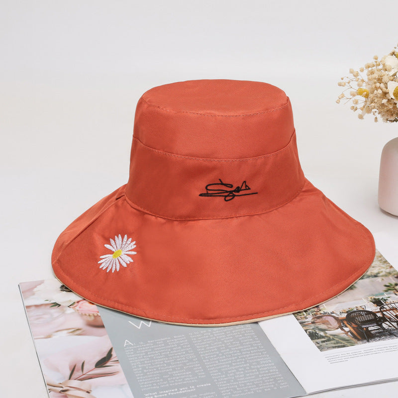 Daisy Flower Embroidery Bucket Hat Wide Brim Reversible Fisherman Cap