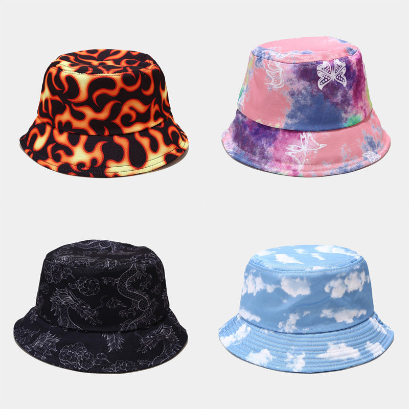 Dragon Flame Print Bucket Hat Clouds Tie Dye Casual Basin Hat Hip Hop Sunscreen