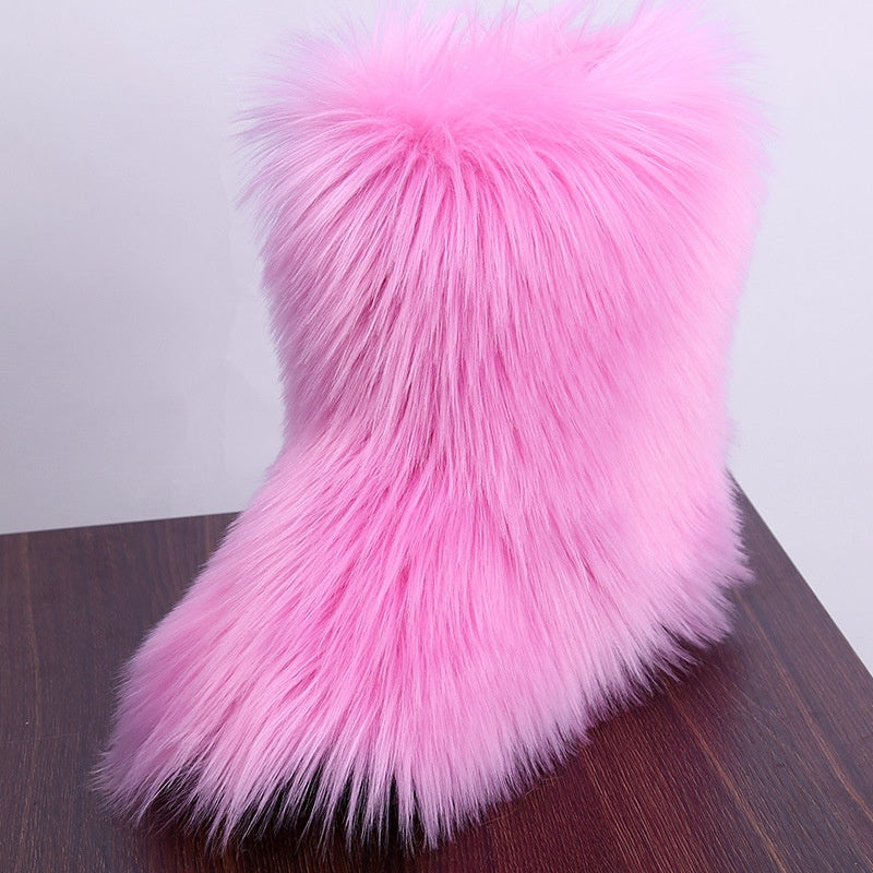 Women's Fluffy Mid Calf Boots Keep Warm Slip On Non Slip Shoes Winter