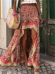 Boho Asymmetric Skirt Smocked Waist Bohemian Vacation Beach Casual Skirt