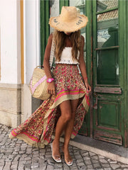 Boho Asymmetric Skirt Smocked Waist Bohemian Vacation Beach Casual Skirt