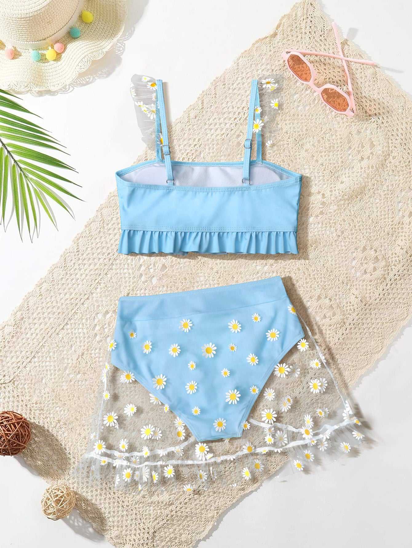 Toddler Girls Floral Mesh Bikini Swimsuit Ruffle Trim Bathing Suit