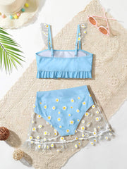 Toddler Girls Floral Mesh Bikini Swimsuit Ruffle Trim Bathing Suit