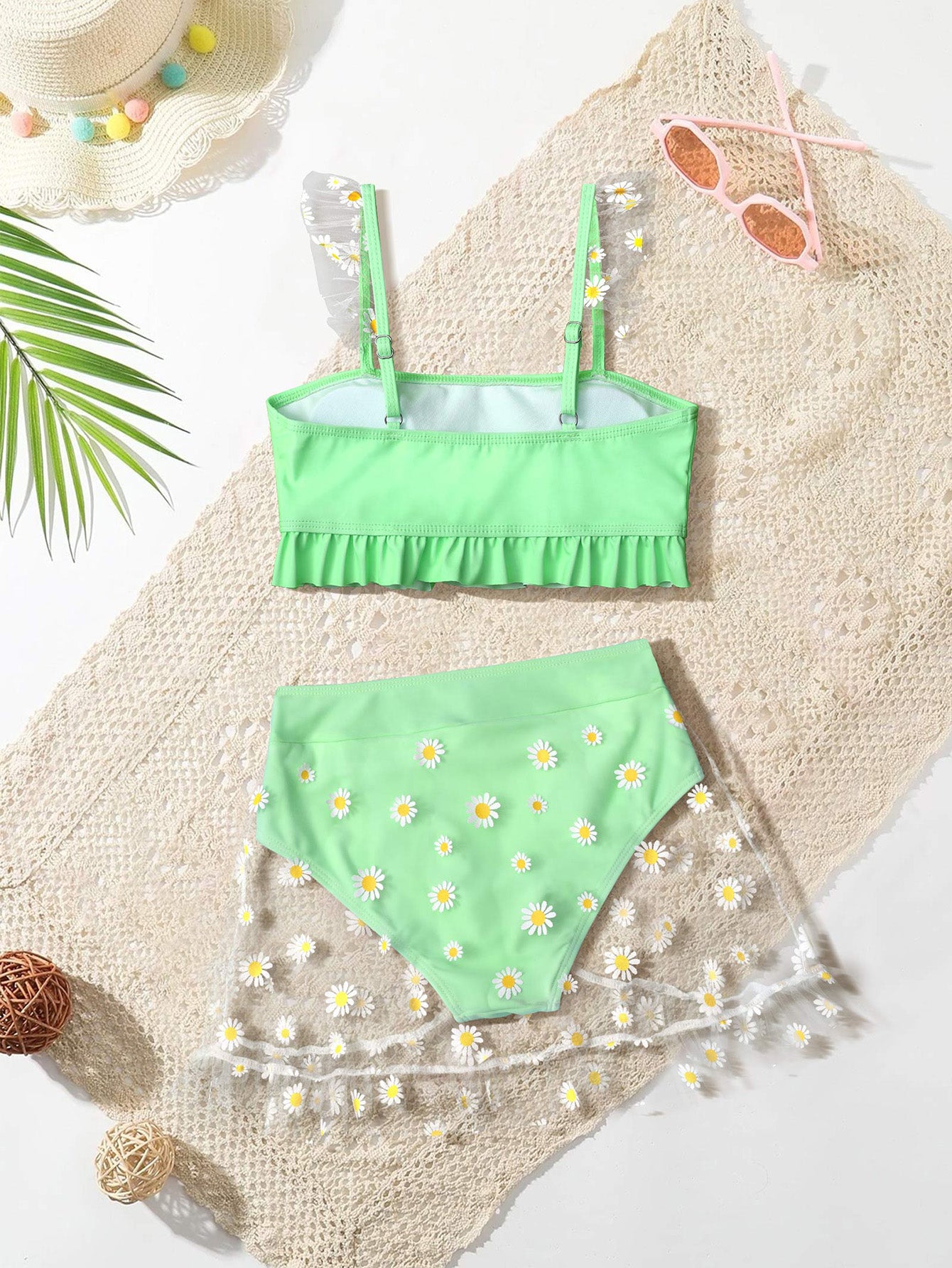 Toddler Girls Floral Mesh Bikini Swimsuit Ruffle Trim Bathing Suit