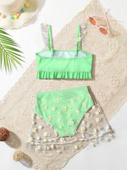 Toddler Girls Floral Mesh Bikini Swimsuit Ruffle Trim Bathing Suit