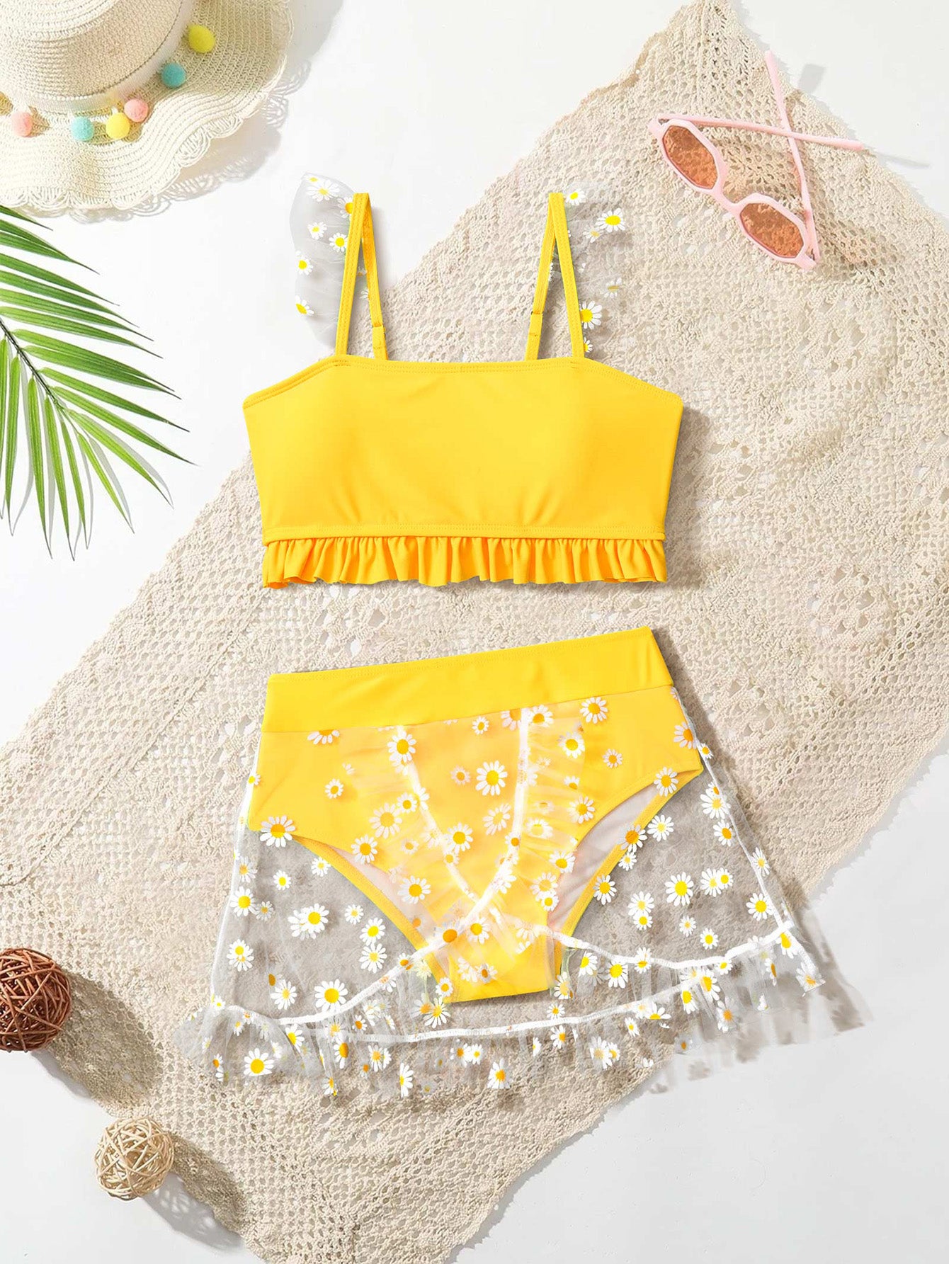 Toddler Girls Floral Mesh Bikini Swimsuit Ruffle Trim Bathing Suit