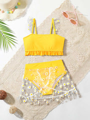 Toddler Girls Floral Mesh Bikini Swimsuit Ruffle Trim Bathing Suit
