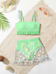Toddler Girls Floral Mesh Bikini Swimsuit Ruffle Trim Bathing Suit