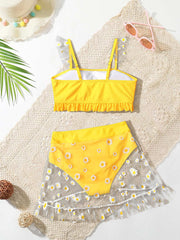Toddler Girls Floral Mesh Bikini Swimsuit Ruffle Trim Bathing Suit