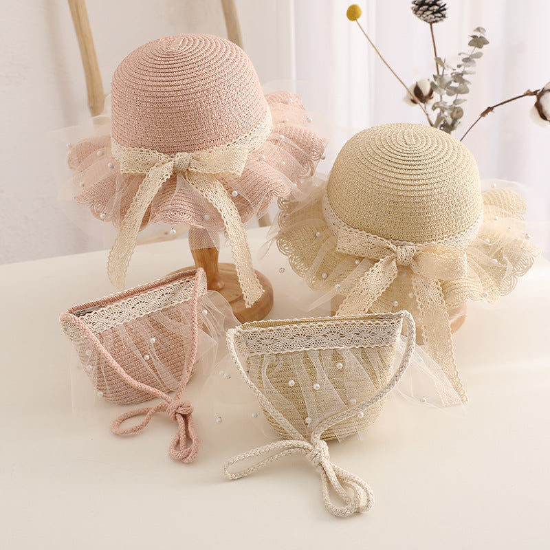 Girls Lace Mesh Pearl Straw Hat & Crossbody Bag Set for Beach Party Gift