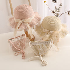 Girls Lace Mesh Pearl Straw Hat & Crossbody Bag Set for Beach Party Gift