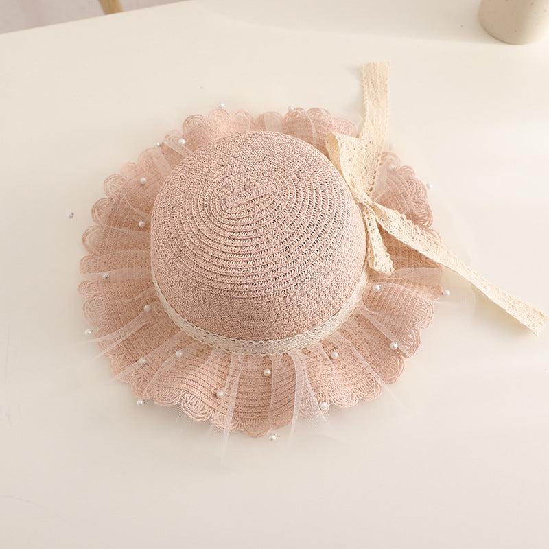Girls Lace Mesh Pearl Straw Hat & Crossbody Bag Set for Beach Party Gift