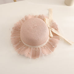 Girls Lace Mesh Pearl Straw Hat & Crossbody Bag Set for Beach Party Gift