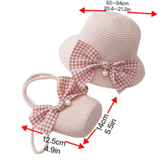 Girls Lace Mesh Pearl Straw Hat & Crossbody Bag Set for Beach Party Gift