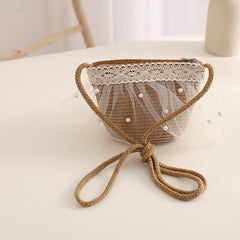 Girls Lace Mesh Pearl Straw Hat & Crossbody Bag Set for Beach Party Gift