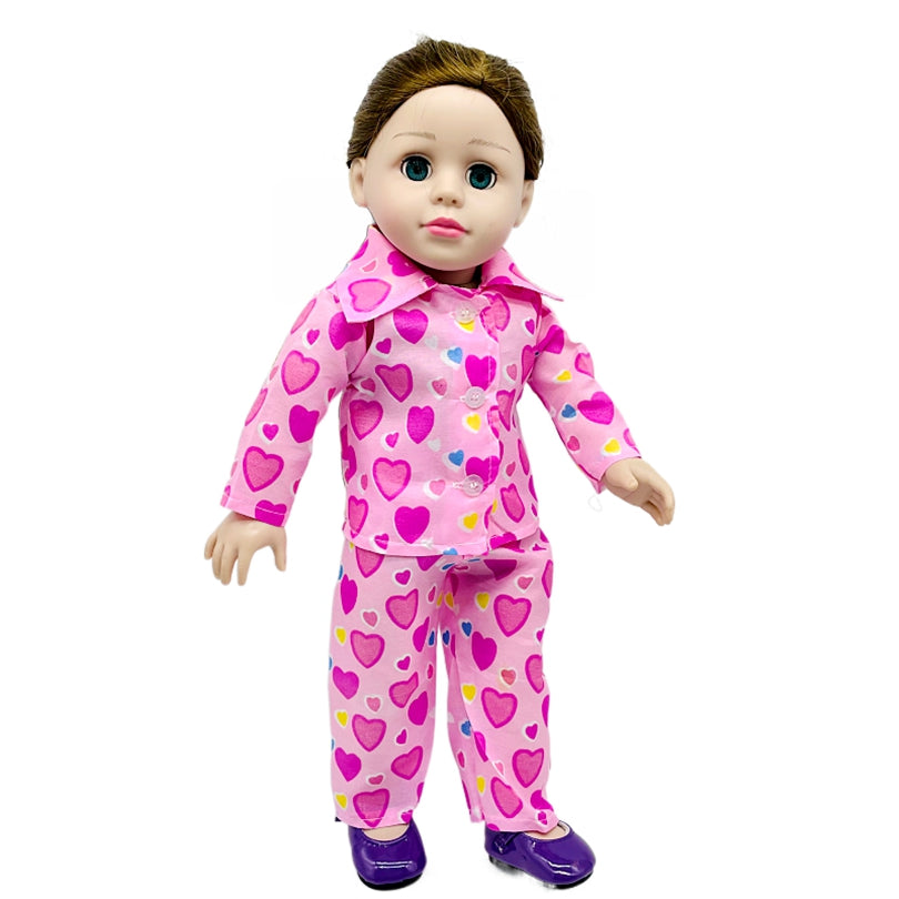 Pink Heart Print Pajamas Set for 18" American Doll with Matching Shoes