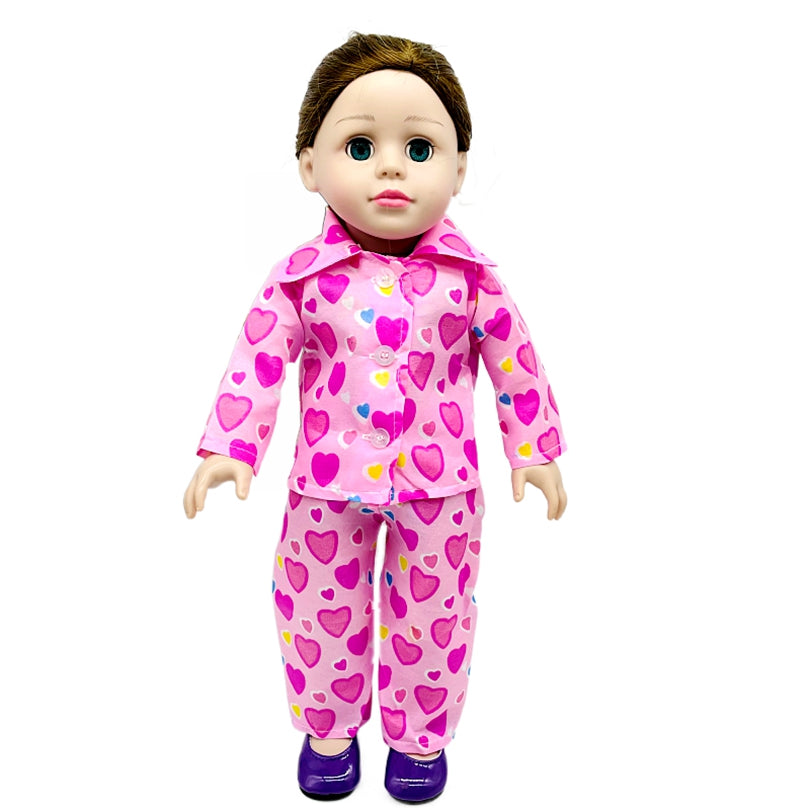 Pink Heart Print Pajamas Set for 18" American Doll with Matching Shoes