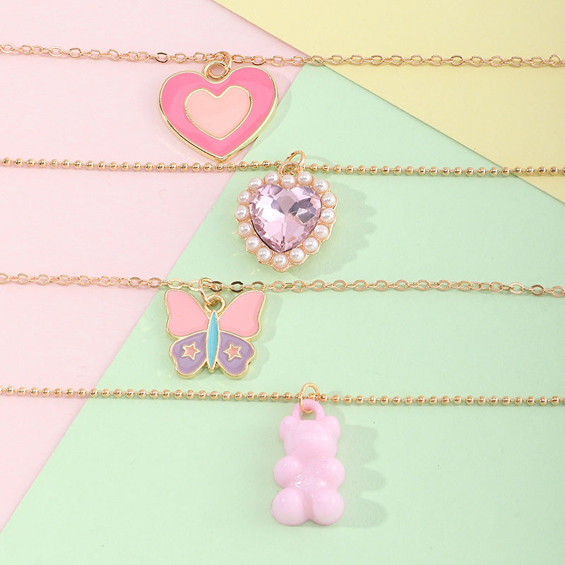 Girls Heart Butterfly Bear Pendant Necklace Clavicle Chain