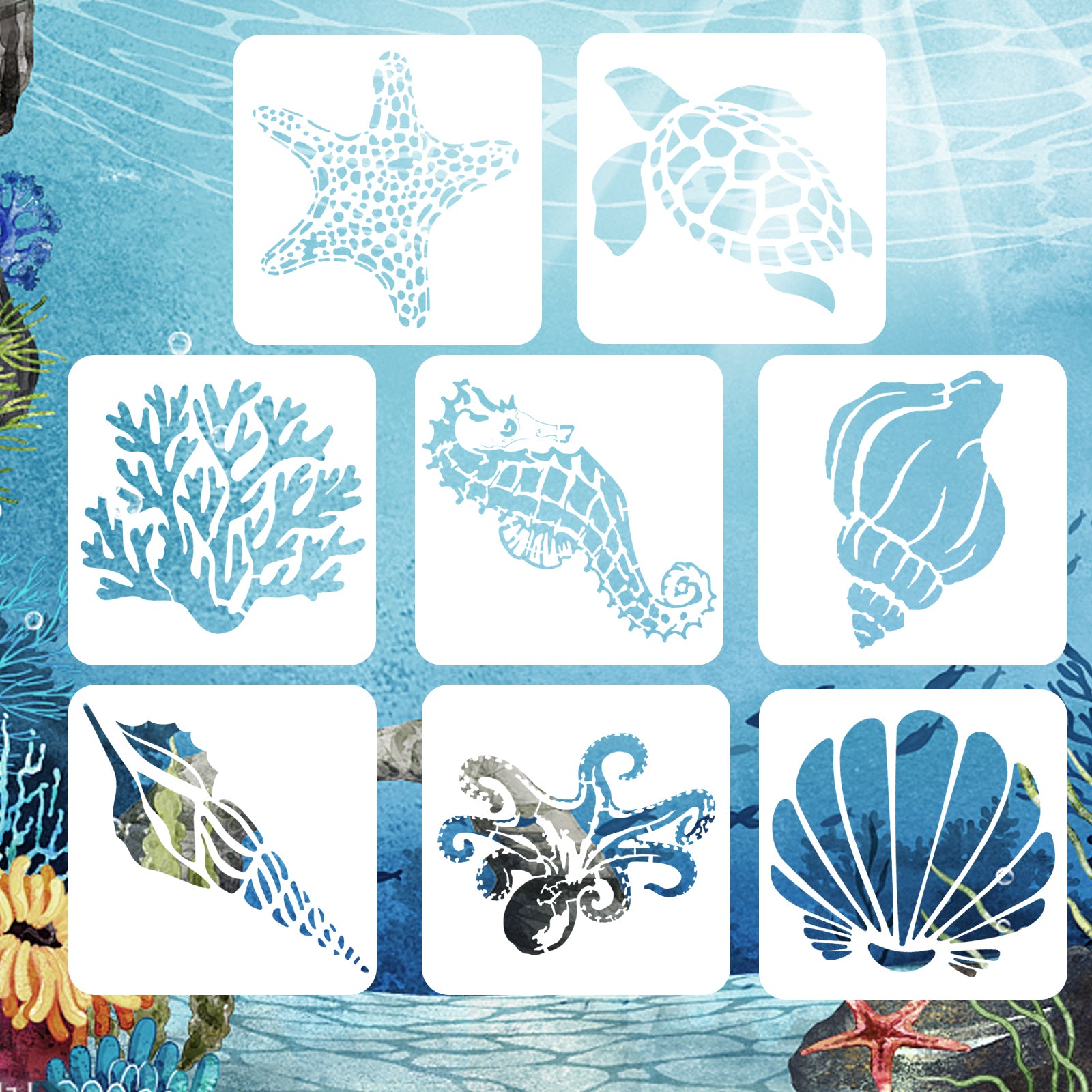8pcs Sea Ocean Creatures Painting Stencils Drawing Templates Set