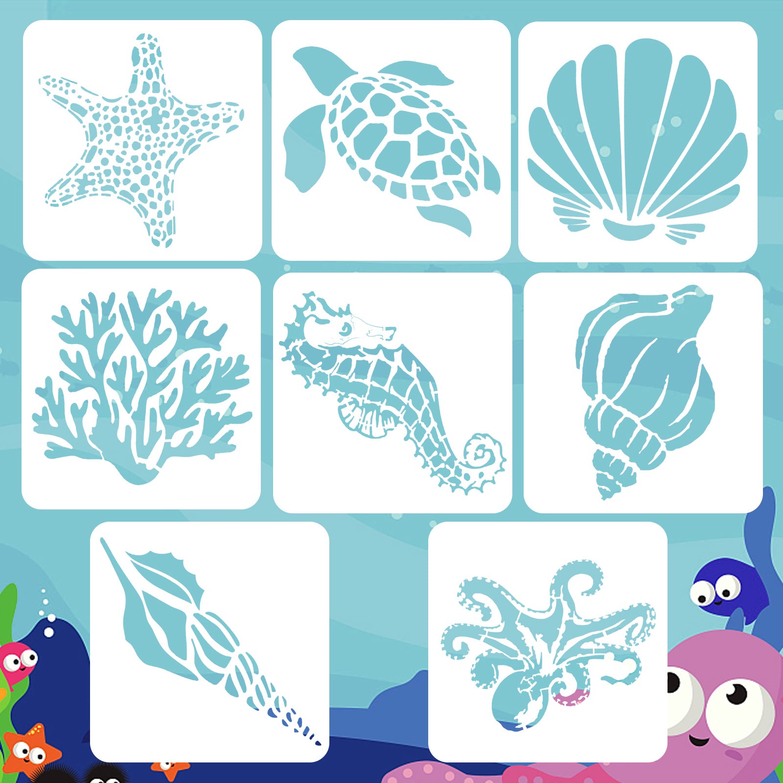 8pcs Sea Ocean Creatures Painting Stencils Drawing Templates Set