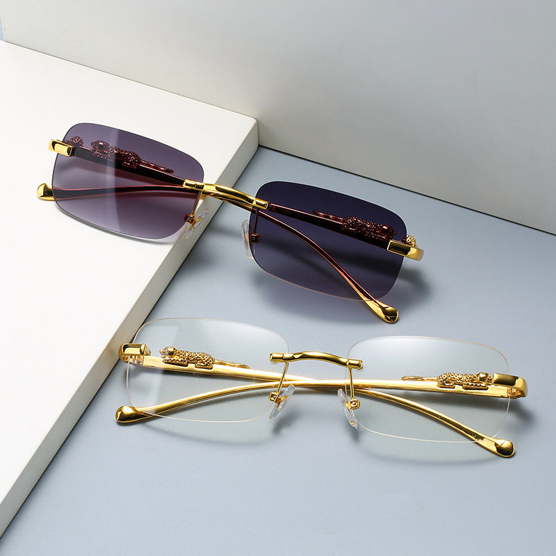 Square Rimless Sunglasses Woman Gradient Sun Glasses Metal Leopard