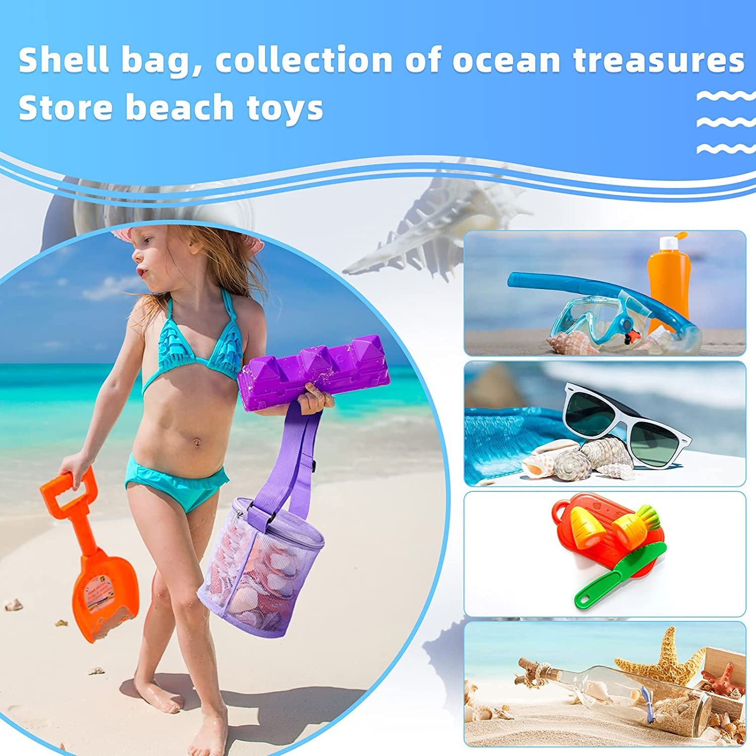 Kid's Mesh Shell Storage Bag 3D Round Sand Digging Bucket Toy