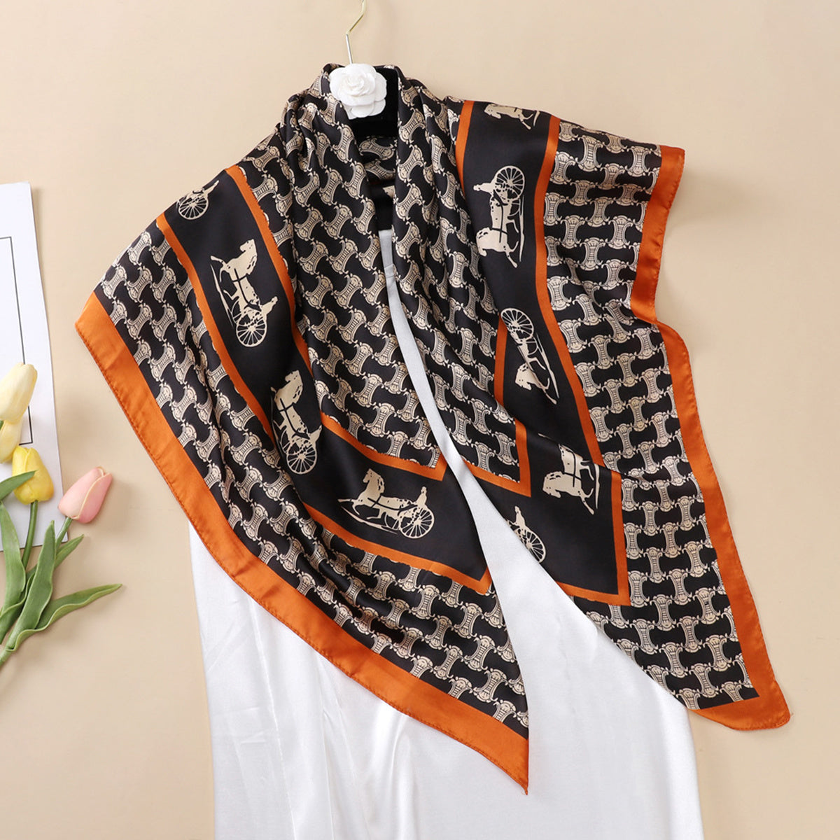 Vintage Carriage Chain Print Neckerchief Silk Square Scarf Bandana