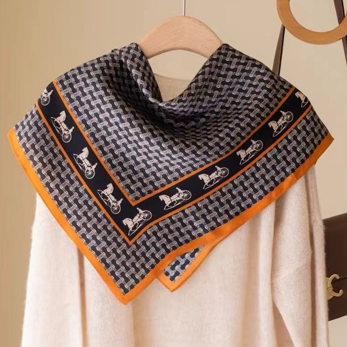Vintage Carriage Chain Print Neckerchief Silk Square Scarf Bandana