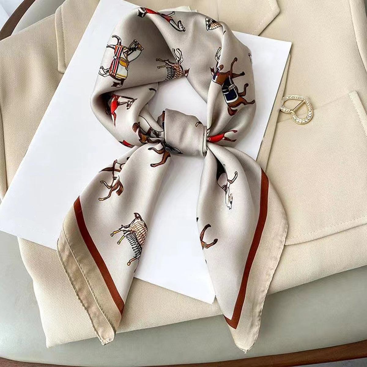 Horse Print Neckerchief Vintage Silk Square Scarf Bandana Classic Head Wrap