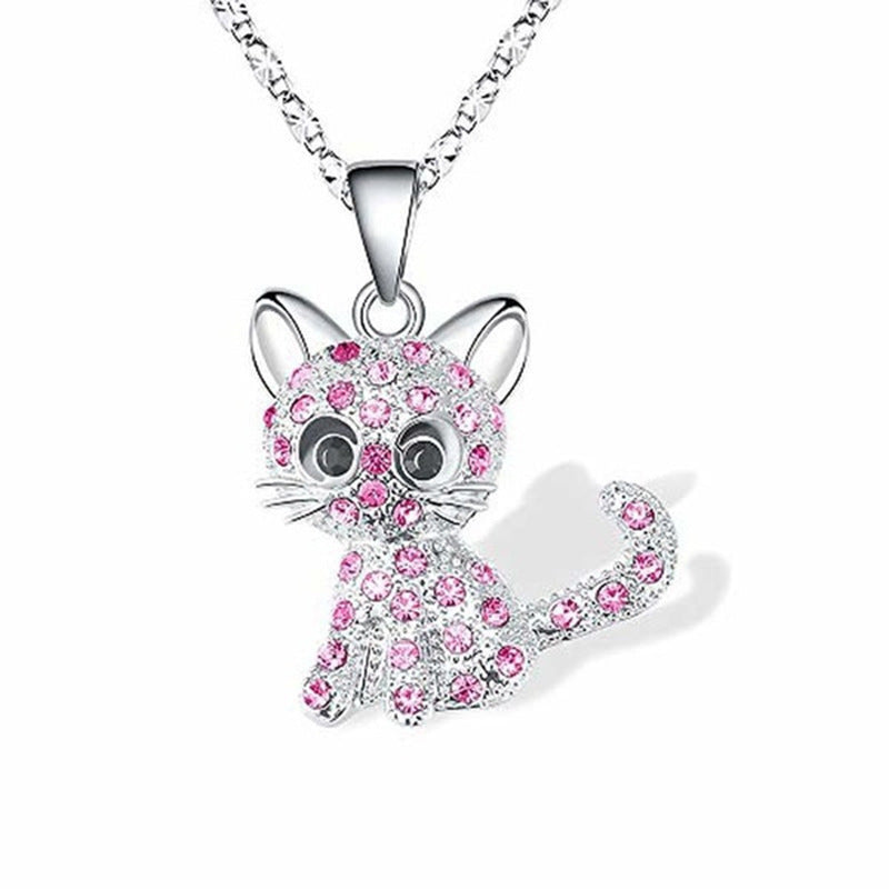 Glittery Kitten Rhinestone Necklace for Kids