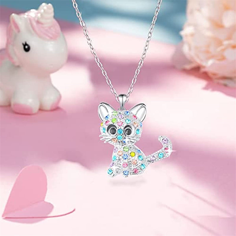 Glittery Kitten Rhinestone Necklace for Kids