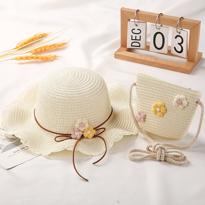 Girls Casual Straw Hat & Crossbody Bag Set With Flower Decor