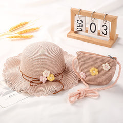 Girls Casual Straw Hat & Crossbody Bag Set With Flower Decor