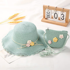 Girls Casual Straw Hat & Crossbody Bag Set With Flower Decor