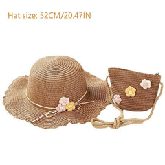 Girls Casual Straw Hat & Crossbody Bag Set With Flower Decor