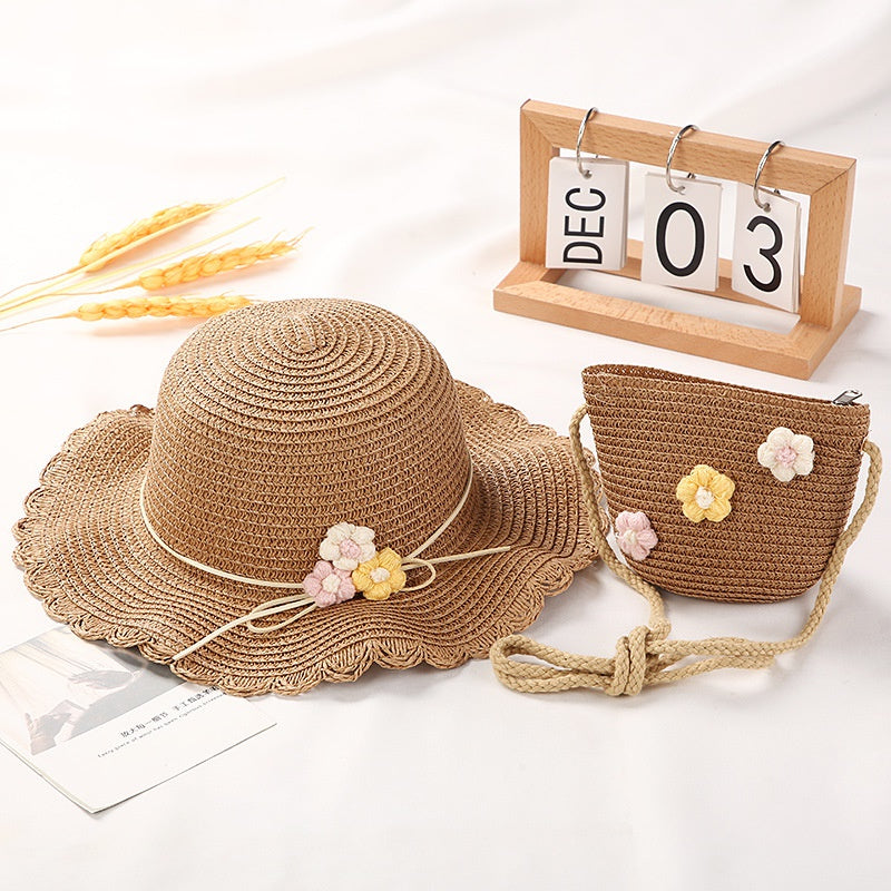 Girls Casual Straw Hat & Crossbody Bag Set With Flower Decor