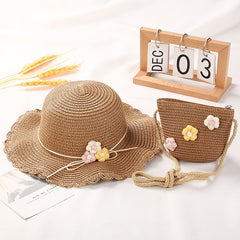 Girls Casual Straw Hat & Crossbody Bag Set With Flower Decor
