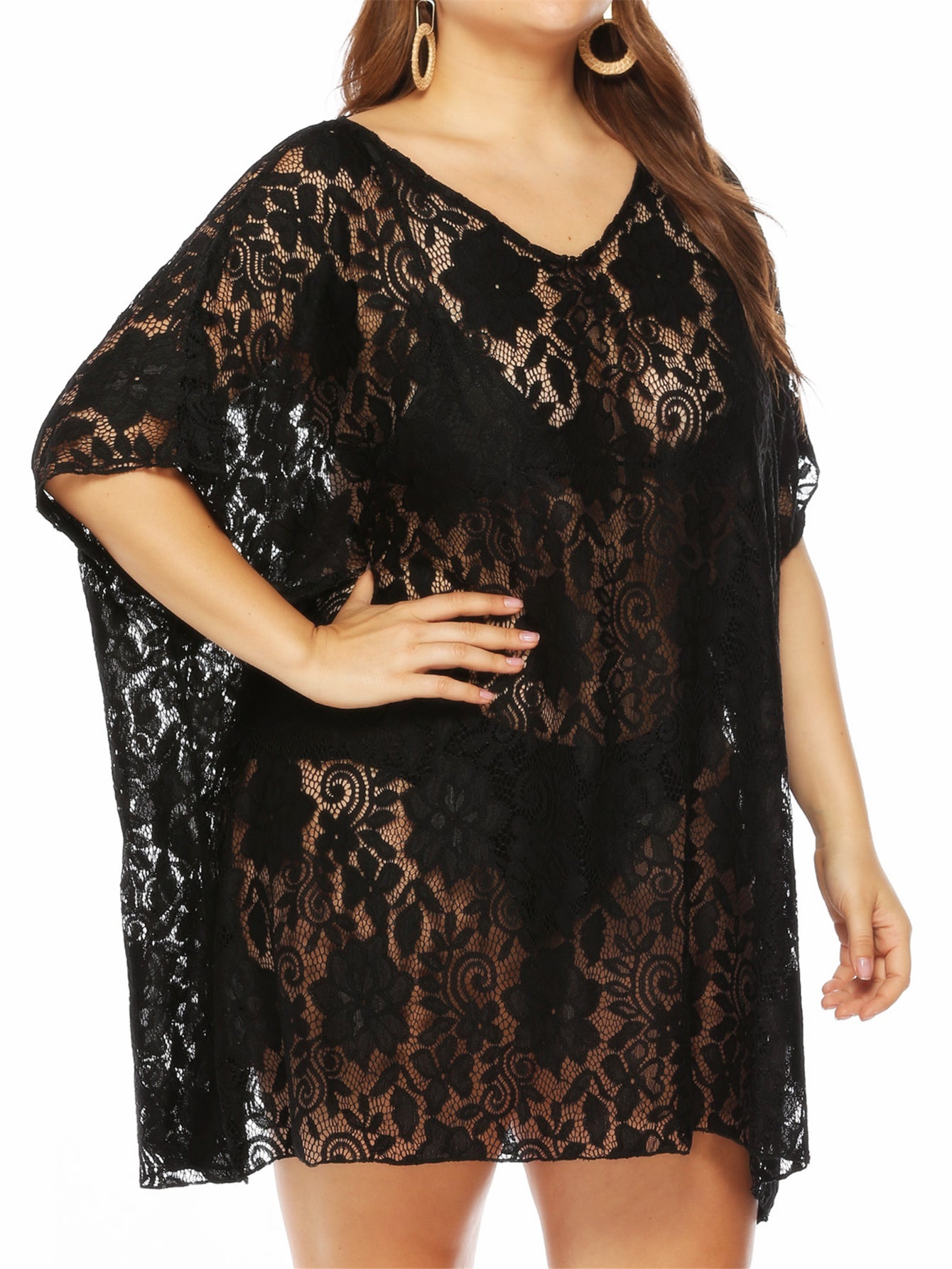 Embroidered Floral Lace V Neck Cover Up