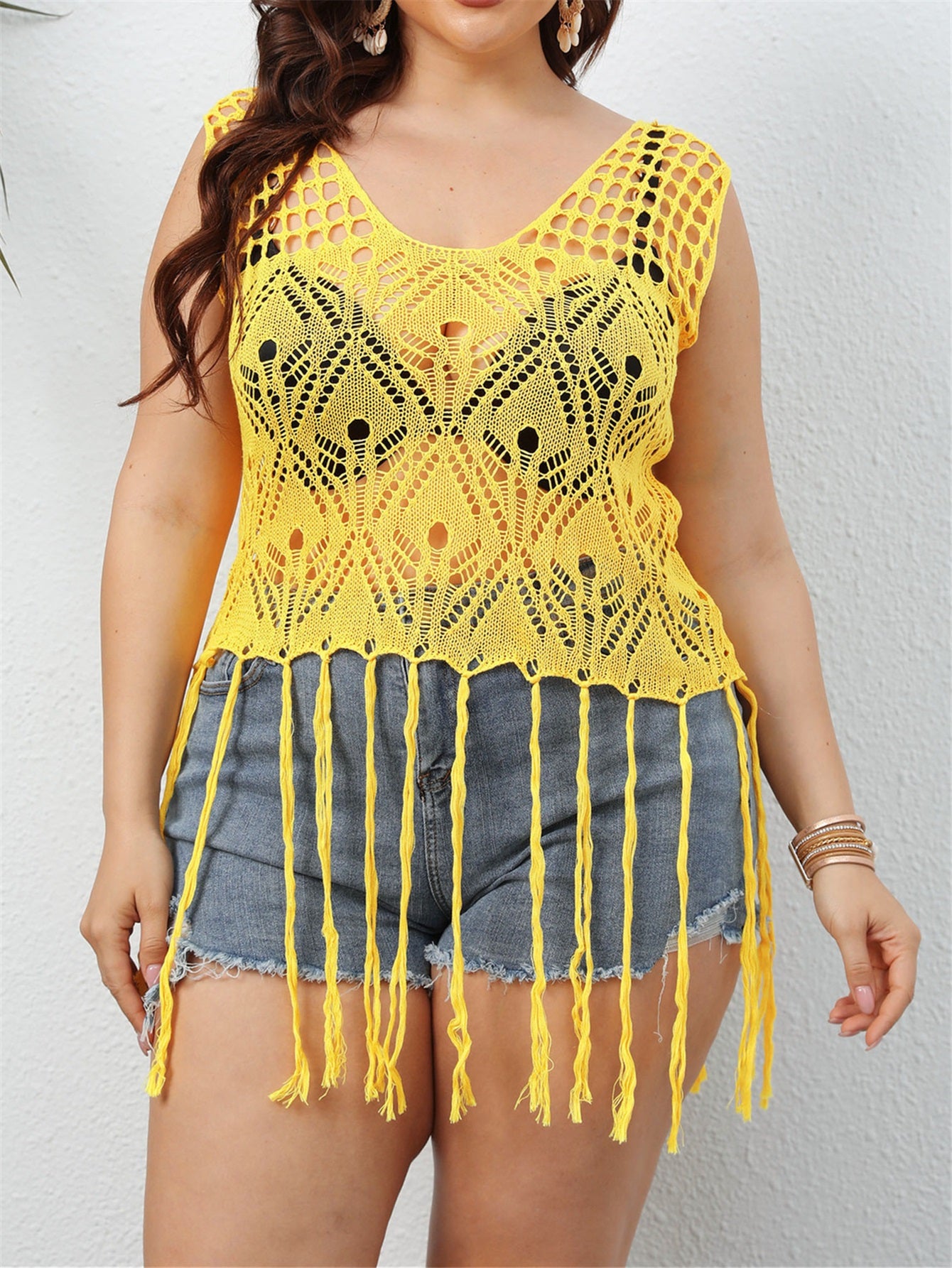 Crochet Hollow Out Fringed Tunic Cover Up