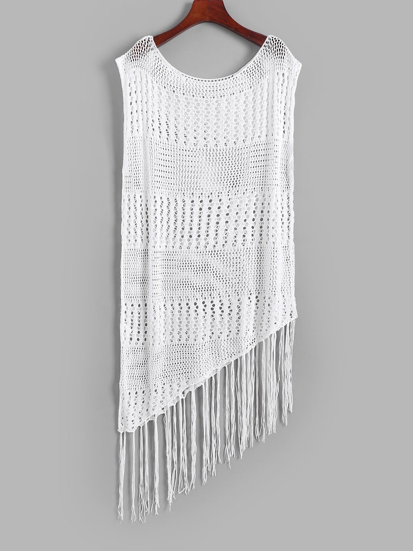 Crochet Cover Up Dress Tassel Trim Semi Sheer Hollow Out Swimwear