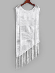 Crochet Cover Up Dress Tassel Trim Semi Sheer Hollow Out Swimwear