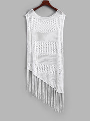 Crochet Cover Up Dress Tassel Trim Semi Sheer Hollow Out Swimwear