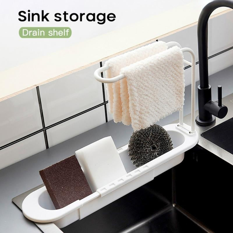 Telescopic Dish Rack Sink Shelf Drainer Organizer with Soap Sponge Holder
