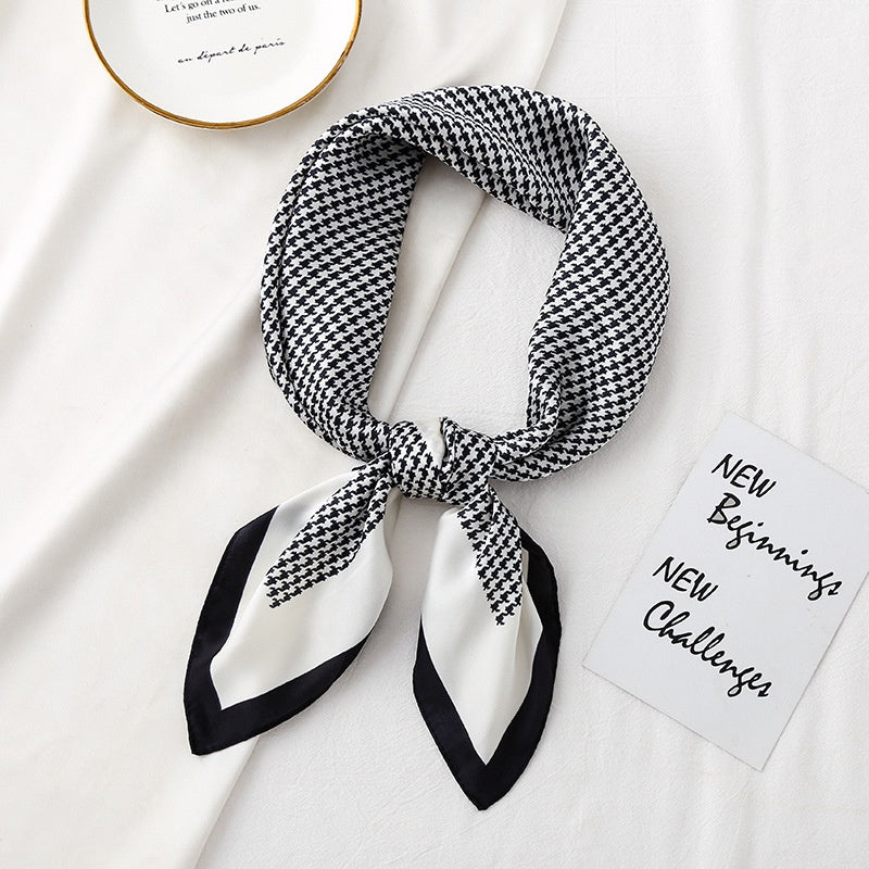 Houndstooth Print Silk Scarf Bandana Neckerchief Head Wrap Hair Accessory