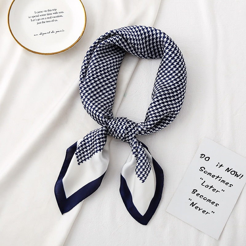 Houndstooth Print Silk Scarf Bandana Neckerchief Head Wrap Hair Accessory