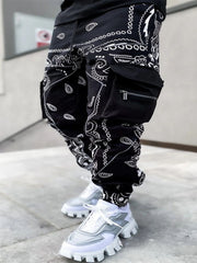 Paisley Pocket Drawstring Loose Cargo Pants Men's Casual Street Style Joggers